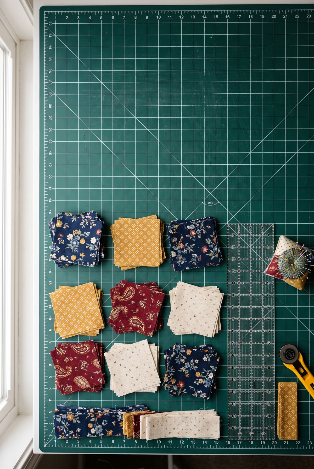 Stacks of cut quilting cotton squares, a quilting ruler and pins, for the quilt size chart