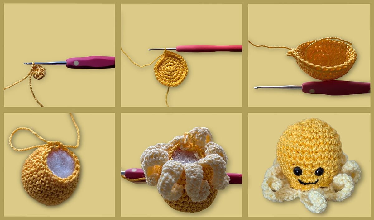 Six steps of an amigurumi worked in the round, from the first crochet round to the finished toy