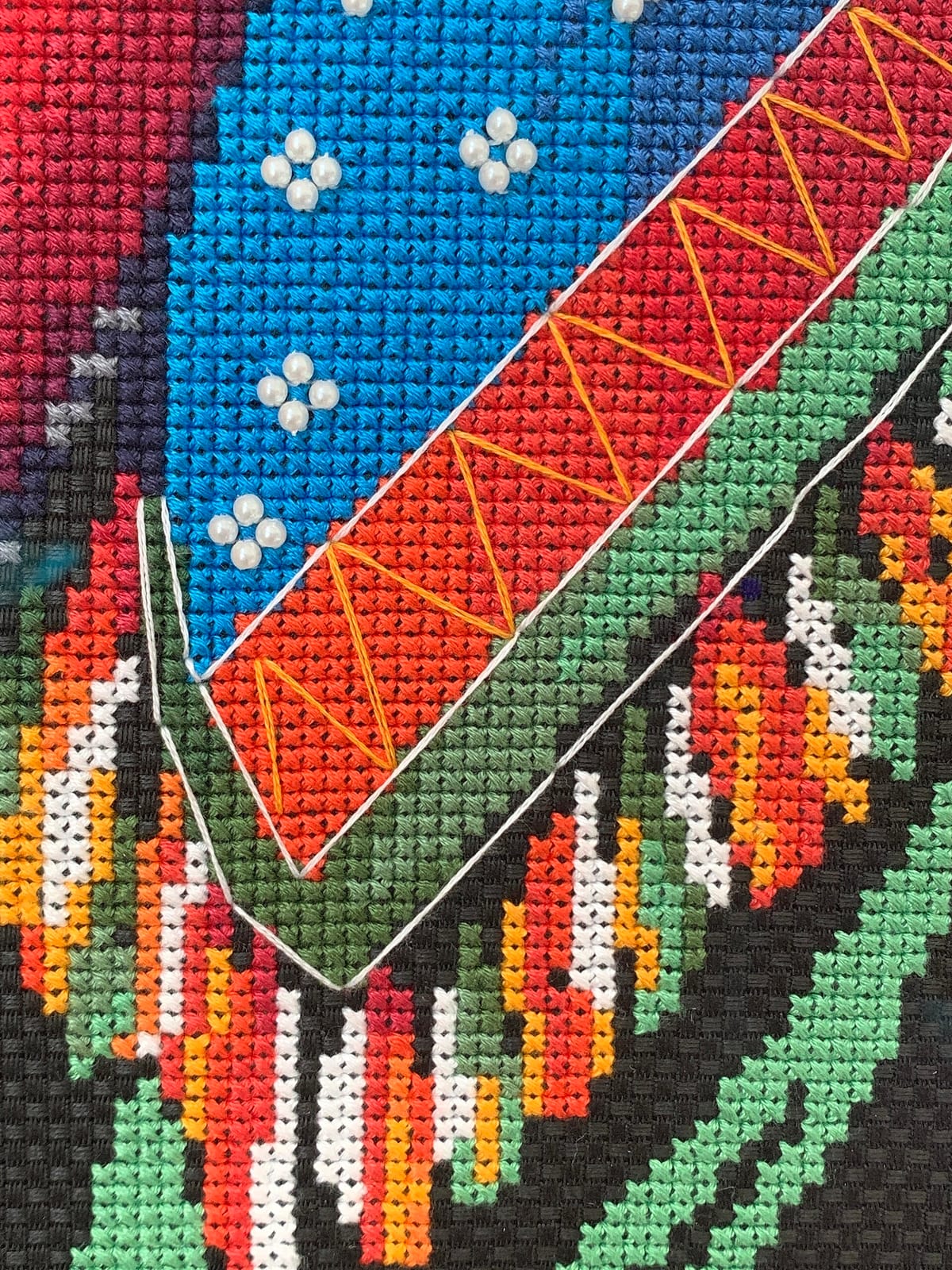Close-up of counted cross stitch on black Aida cloth, for the cross stitch fabric calculator