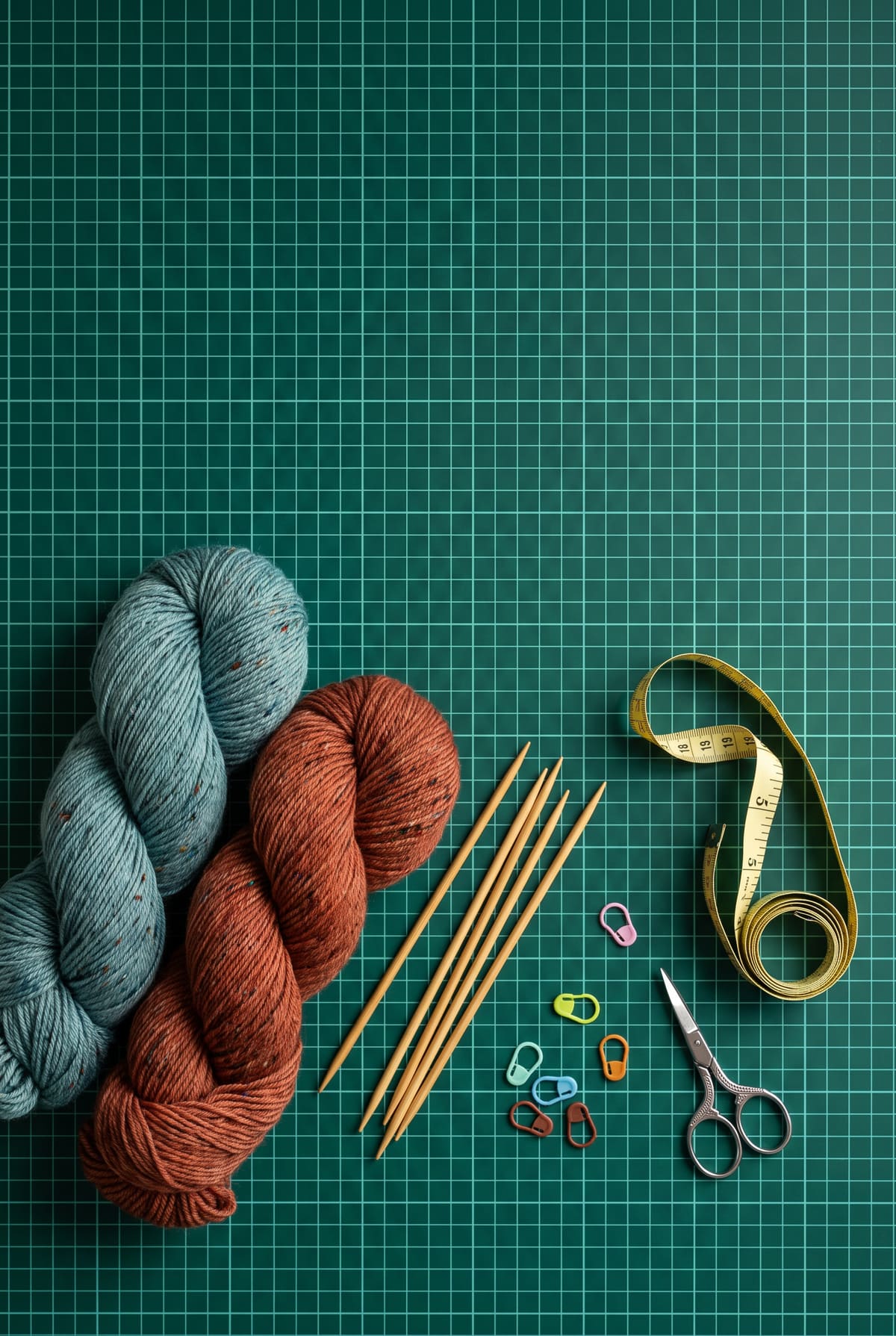 Speckled sock yarn, double-pointed needles, stitch markers and a tape measure, for how to measure feet for hand-knit socks